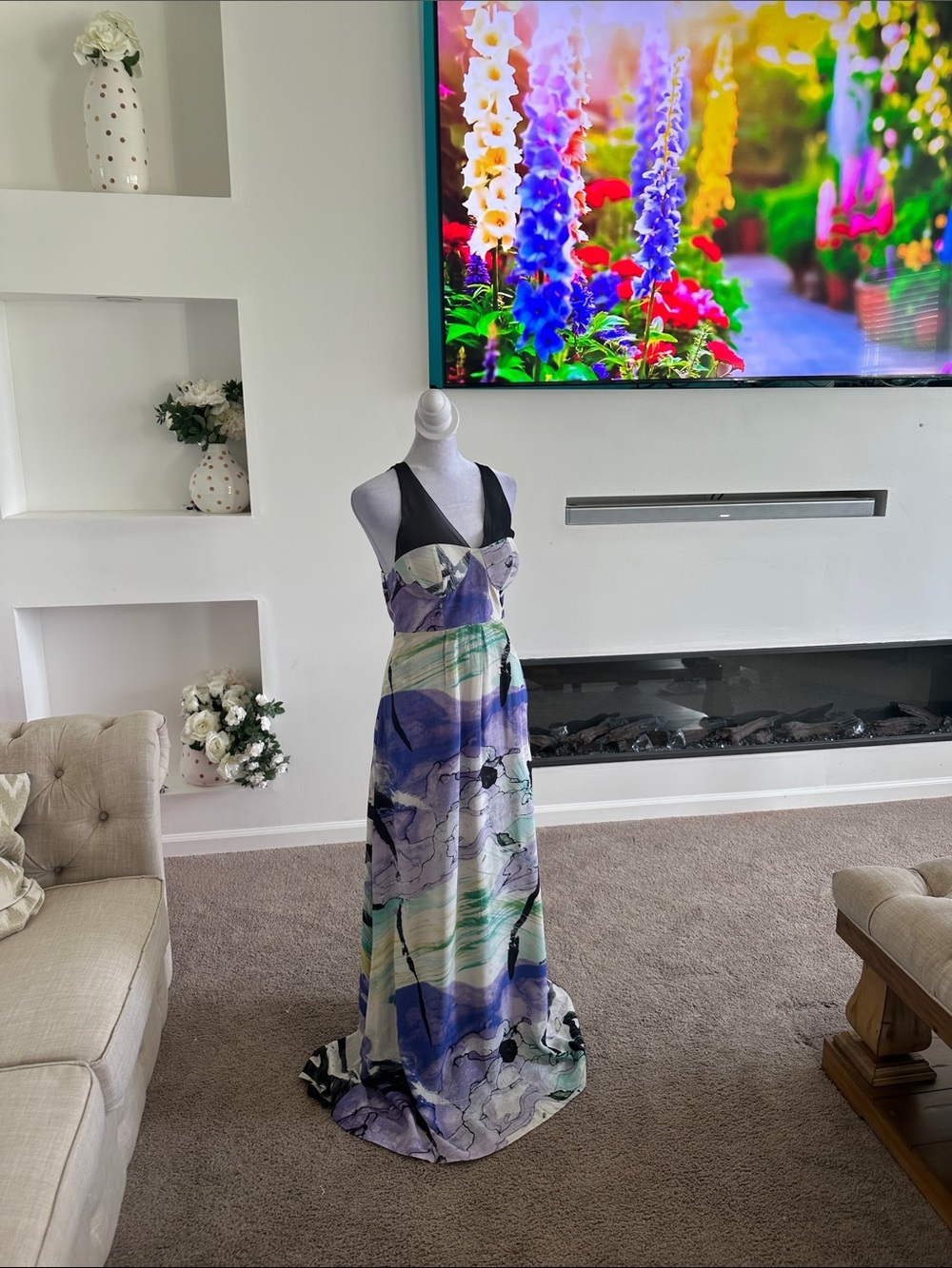 Lelfs Dottir Sleeveless Abstract Print Maxi Dress in Purple and Green - Picture 2 of 10